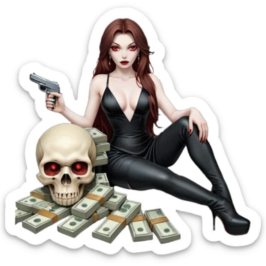 Lilith red eye seductress evil long brown haired sexy succubus woman with leather long dress with slit on, sitting in Big Large F350 pickup truck. Wearing super tall black platform high heels, Back seat full of stacks of cash, she is  Holding a human skull of her enemies and a gun in other hand sticker