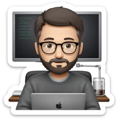 Profesor de pelo gris marrón oscuro con gafas un poco de barba jersey gris y un ordenador los óleos son marrones sticker