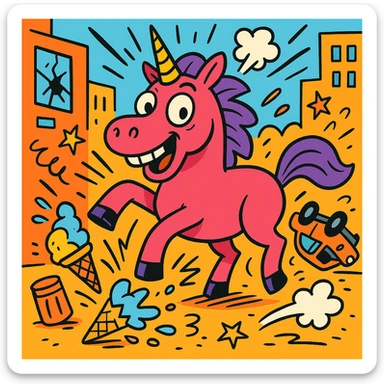 funny neon pink unicorn causing mayhem, cartoon style, vibrant colors, energetic, playful, bold lines sticker
