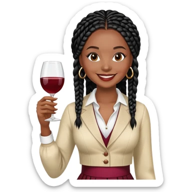 A darker-brown-skinned Black woman with black box braids, holding a wine glass in one hand, smiling or relaxed, wearing a cozy or elegant outfit. sticker
