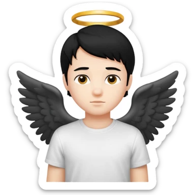 angelic boy with black hair and a white t-shirt sticker