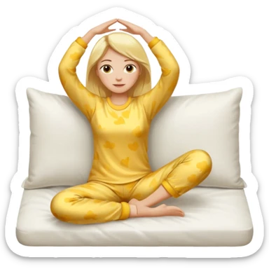 woman with blond hair in yellow pajamas, stretching after waking up on a white pillow, classic iOS emoji style sticker