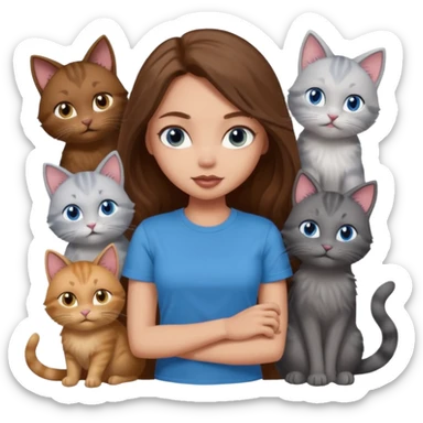 a pretty bratz dusky light skin girl with long brown hair, blue eyes with six cats nd wearing a grey tshirt sticker