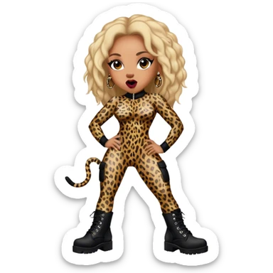 Melanie Brown wearing a tight leopard print bodysuit and black combat boots, showing her tongue ring sticker