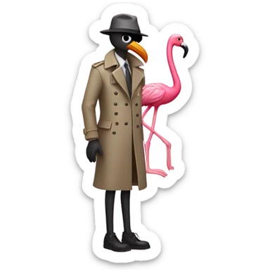 A flamingo in a detective trench coat, investigating a missing shoe sticker