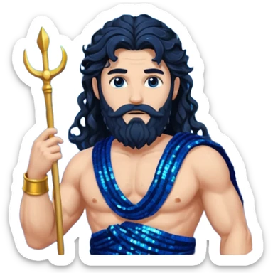 Neptune, God of Sea from Roman Deities with long jet black wavy hair and beard, dark blue sequin toga sticker