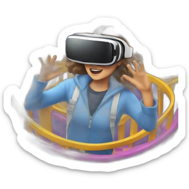 someone wearing a VR headset with a comical roller coaster experience reflected on the screen. sticker