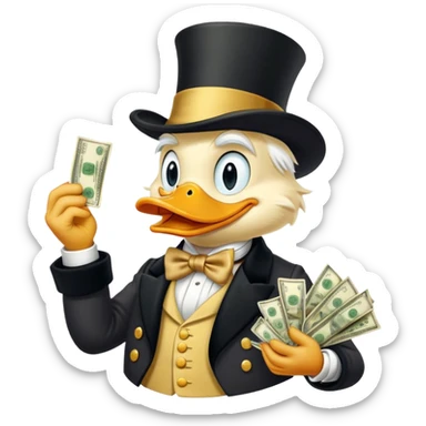 Scrooge McDuck counting money, rich duck character with top hat sticker