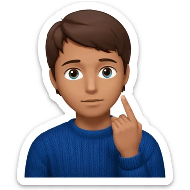 man in black knitted sweater in thinking pose, blue eyes brown hair, index finger touching his chin, eyes looking up to the top right sticker