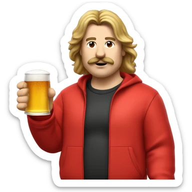 a slightly fat man with long hair and a mullet cut, with a mustache and a beer in his hand, the man is dressed in a red tracksuit, he is putting out a fire sticker