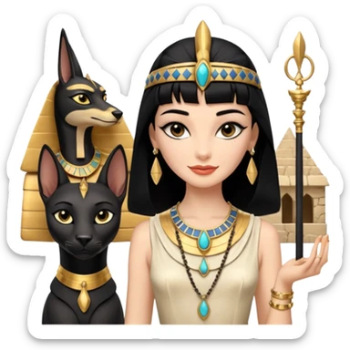 Smiling Witchy-mannered smoky-evil-eyed real Audrey Hepburn cleopatra Protecting silky black-haired tiny chained-adorned statuette-scale Anubis dessert scenery stone-age cracked irregular dwelling  sticker
