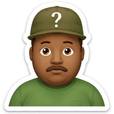 fat man with brown cap and green t shirt printeed a question mark sticker