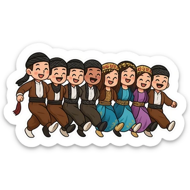 Cartoon sticker of a group of Kurdish men and women performing traditional Kurdish dance, wearing traditional Kurdish clothes and shawls exactly like the reference images, hand in hand pose with legs raised as in Kurdish dance, colorful and joyful, no text, suitable for WhatsApp and Instagram, transparent background. sticker