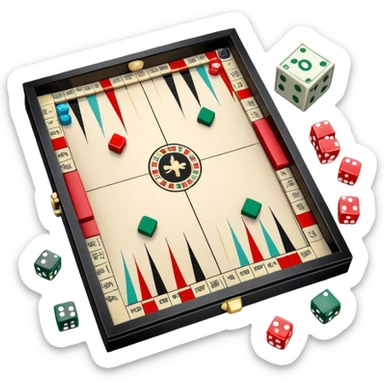 A photorealistic icon featuring a backgammon board with dice, a Monopoly board with money and property cards and a Game of Life spinner. The design captures the detailed textures of the boards, pieces, and accessories. Transparent background. sticker