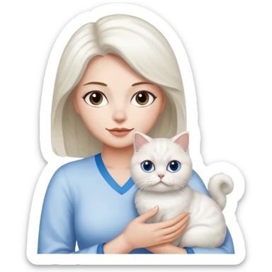 Woman holding a white Persian cat with one blue and one brown eye  sticker