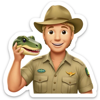 Cinematic Realistic Steve Irwin Portrait Emoji, depicted as a passionate wildlife expert in his signature khaki attire with an enthusiastic smile and a backdrop of the Australian outback, rendered with vibrant textures and dynamic natural lighting that captures his adventurous spirit. sticker