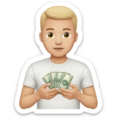an American man with money in his hands wearing a T-shirt sticker