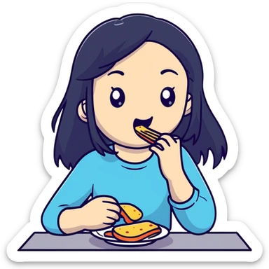 Pale girl with long black hair eating sticker
