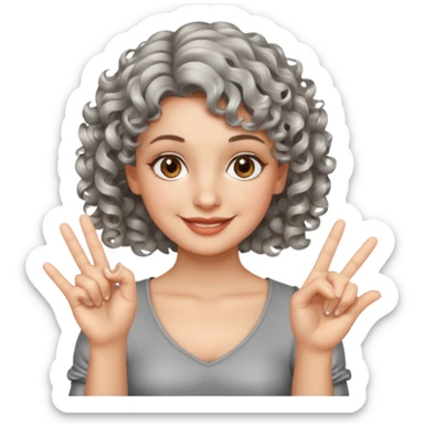 silver, short, wavy-haired with curls, smiling pretty lady, index and middle fingers crossed on one hand, hazel eyes sticker