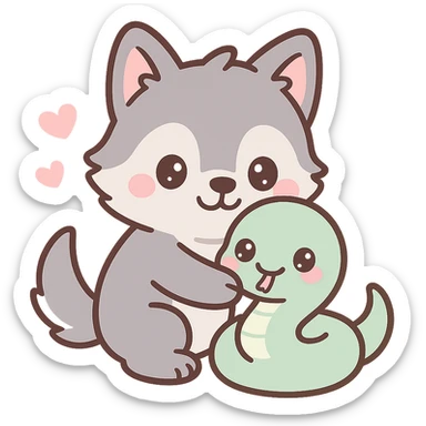 kawaii wolf hugging a kawaii snake, cartoonish, heart shapes, playful expression sticker