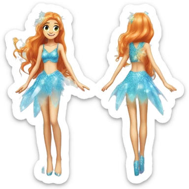Bloom adult fairy of dragonflame in her enchantix fairy light blue sparkling two-piece clothing and fairy enchantix wings and long ginger hair in from winx club. Lots of sparkles and fairydust. Full body pic and full fairy bliss sticker