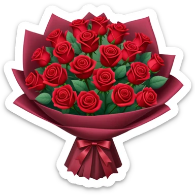 Bouquet of red roses in a burgundy package sticker
