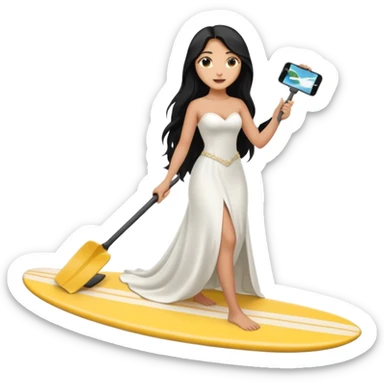 Bride black long hair holding her phone and long shovel with another hand. Under her feet, there is one surfing board. sticker