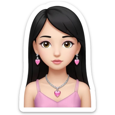 Cabelos pretos longos lisos ,com franja curvada .olhos pretos puxadinho para cima. Cílios longos curvados. Pele clara ,nariz pequeno ,lábios carnudos ,adolescente 16 anos ,vestido rosa de alça, colar de coração prata ,brinco de diamante sticker