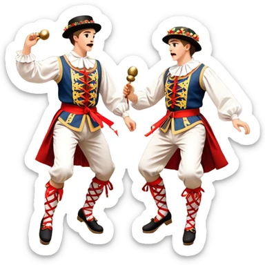 Cinematic Realistic scene of two performers executing a Morris Dance in full traditional costume—with bells, ribbons, and clogs—captured in dynamic motion against a rustic English backdrop and warm, golden lighting sticker