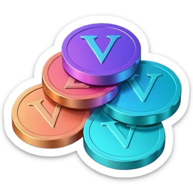 Stack of coins in gradient of turquoise, blue, pink, purple, and coral color with V letter sticker