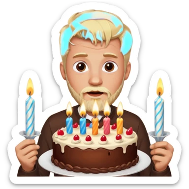 chocolate birthday cake with eyes and thin candles and blond beard sticker