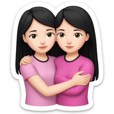 Two girls with black hair, one wearing white shirt and the other is pink shirt, hugging each other sticker