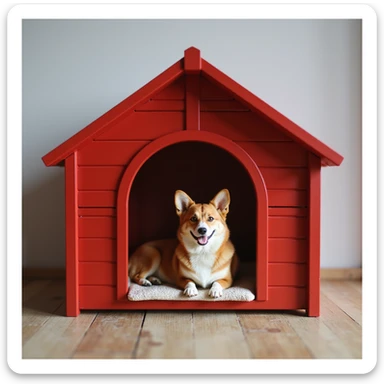 realistic red dog house with a Corgi dog inside, Corgi with a mat, photorealistic style sticker