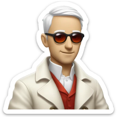 <excerpt>
A white man with real short hair, short mutton shops donning small red tinted sun glasses in a dirty white trench coat, is an alchemist.
</excerpt> sticker