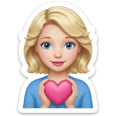 Girl Blonde short wavy hair,  blue eyes, cute blue top, long lashes, pink lips, smiling, holding a big heart sticker