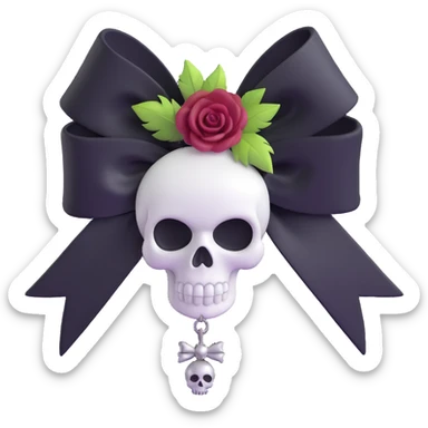 3D emoji gothic bow, white satin, silver skull charm, black rose center, feather accents sticker