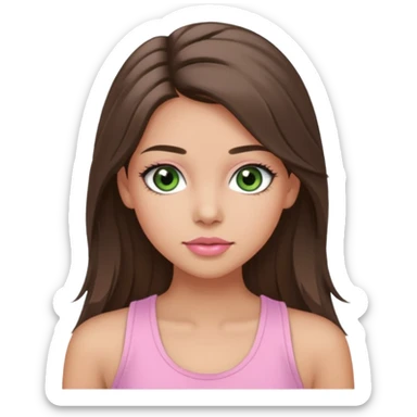 Create a teen girl wearing a light pink tank top. She will have long brunette hair, tan skin, pink lips, and grey-green eyes. She has long eyelashes. sticker