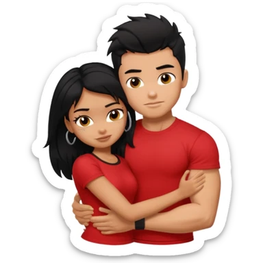 generate a pretty tan bratz boy hugging a fair black haired gf. The guy has black messy hair, lean but muscled and wearing a red tshirt sticker