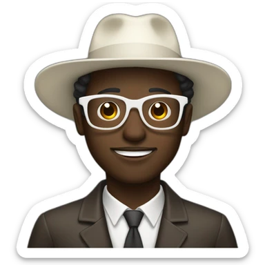 Dark skinned man with a white fedora and glasses and small goatie sticker