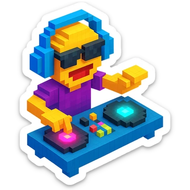 DJ mixing records with glowing turntables and a dynamic pose sticker