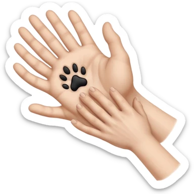there is a drawing of a human hand gently reaching toward a dog’s paw. The dog has brown fur with black areas, and the paw is extended like it’s about to touch the person’s fingers sticker
