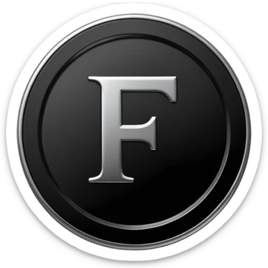 Emoji icon of a black coin with engraved letter F, minimalist style, isolated sticker