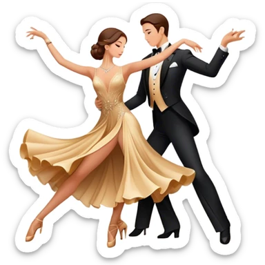 Icon for Ballroom Dancing: a couple in an elegant dance pose, with flowing dresses and tuxedos, surrounded by dance floor lights. The icon should convey the grace and elegance of ballroom dance, with focus on movement and precision. Transparent background. sticker