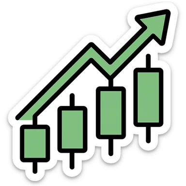 Create a minimalistic green candlestick chart going up with soft color fill and bold black outline, including an upward arrow. The style should match the provided reference image's style with a transparent background. No text or extra elements. sticker