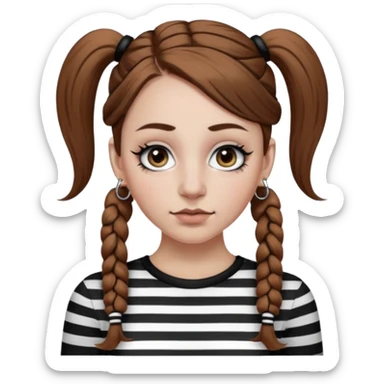 a white girl with brown hair in very low pigtails black eyeliner big false eyelashes with a septum piercing nose piercing big hoop earings dermals close to the eyes one on each side wearing a black and white striped long sleeve shirt sticker