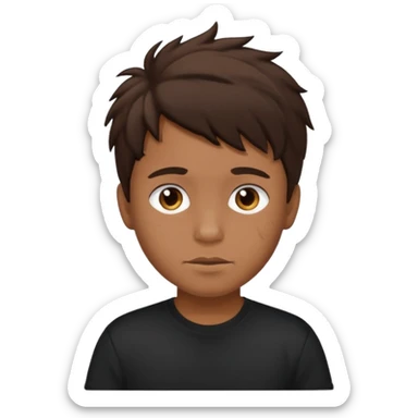 a tan boy with messy dark brown hair. Wearing a black tshirt sticker