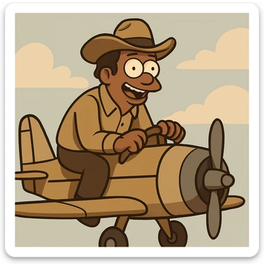 brown male wearing a hat sitting on an aircraft, cartoon style sticker