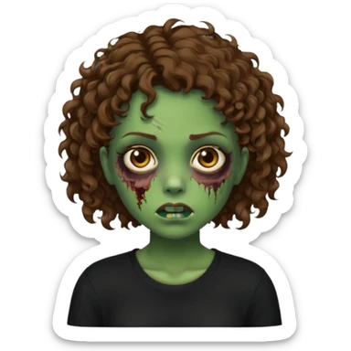 Zombie girl emoji verde com cabelo curto cacheado castanho no ombro com uma blusa preta sticker