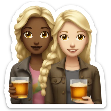 A girl with a cold shade of blond and a girl with light blond hair both with fair skin drink apple whiskey sticker
