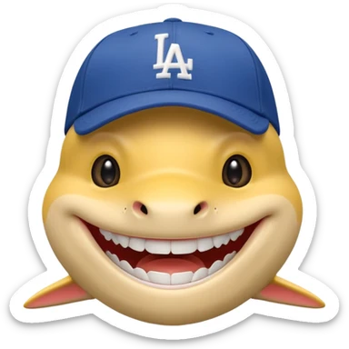 A yellow shark with a L a dodgers hat on sticker